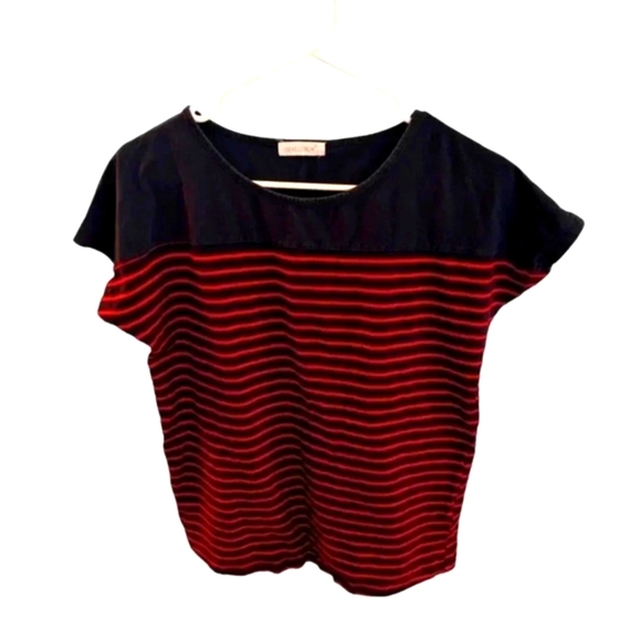 SMALLSHOW Women's Tops Short Sleeve Striped Patchwork O-Neck Casual T Shirt SZ L - Picture 1 of 4